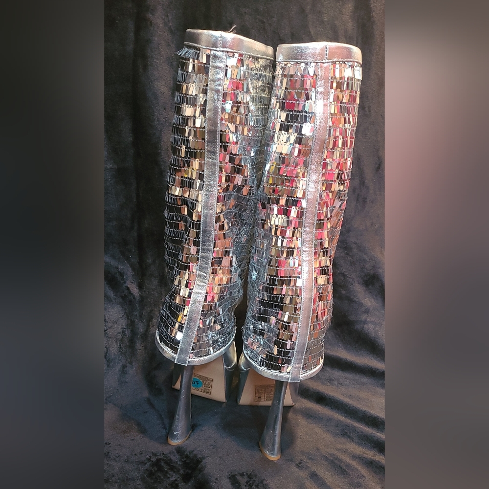 Silver Sequin Platform Mule Boots - Women's High Heel - Picture 9 of 15
